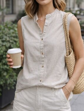 DKR Sleeveless Button Front Top Neutral Beige Minimalist Blouse Casual Chic